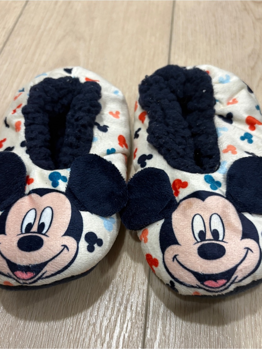 Disney Cream Mickey Mouse Plush Slip-On Kids Footies with Navy Ears